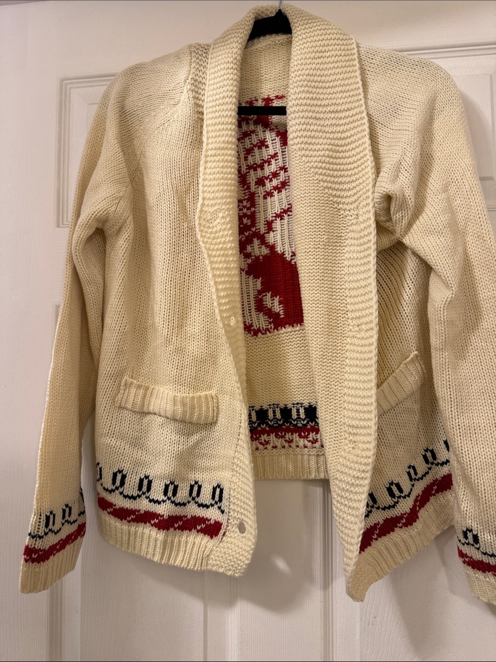 Cream Shawl Collar Knit Sweater Cardigan with Red Accent